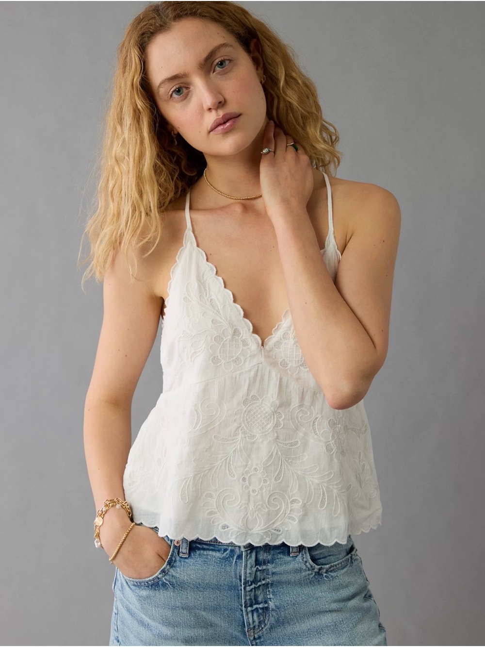 American Eagle Outfitters White Embroidered Scallop-Edge Cami Tank